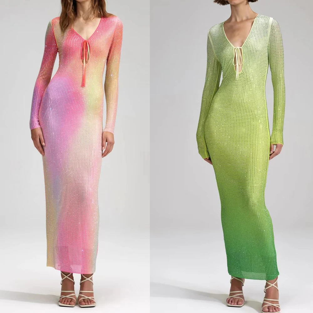 

2023 new Heavy colorful Diamond sexy Gradient long dress deep v-neck lace-up slim midi dress