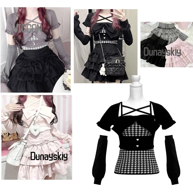 Falda corta japonesa Honey Jirai Kei Mew Y2k, rosa, negro, gris, con lazo atado cruzado, falda corta Kawaii, regalos de fiesta diaria, Carnaval Cos