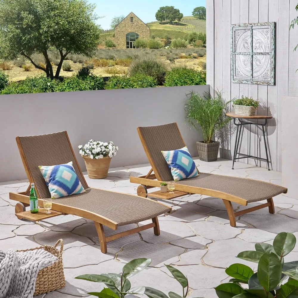 

Chaise Lounge Chair Outdoor Set of 2, Wicker Reclining Beach Pool Chair with Pull-Out Tray and Adjustable Backrest, Sturdy Foldi