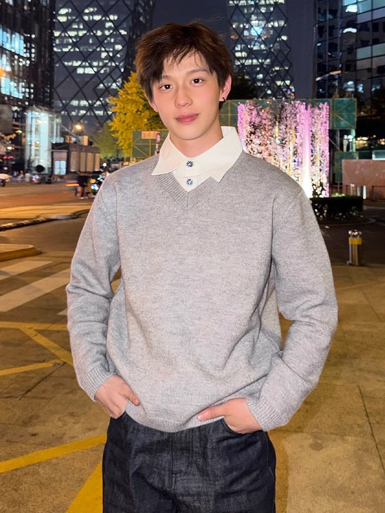 

Мужской трикотажный джемпер с V-образным вырезом, повседневный, с длинным рукавом, базовый слой, осень-зима, высокое качество, в университетском стиле