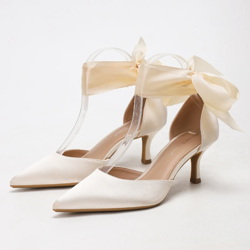 Luxury Satin Designer Heels for Ladies Bridal Pumps Sexy Pointed Toe Ribbon Cross Strap Dress Shoes Elegant Party Evening Sandal