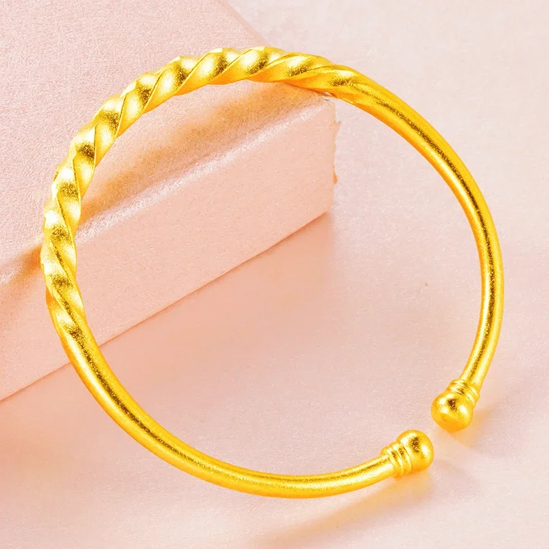 Real 24k Gold Color Twisted Gold Women's Open Bracelet for Women Men Chain Pure 999 Golden Plated Bracelet Bangle Fine Jewelry