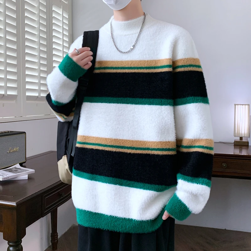 Men's Fashion Stripe Pattern Sweaters 2025 Autumn/winter Loose Knittwear Men Sweater Youth Thick Warm Wool Pullovers M-4xl
