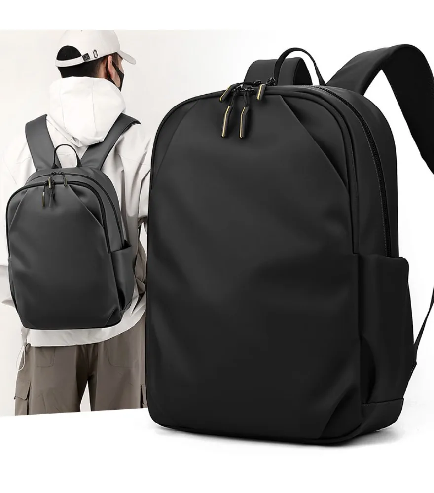 Black sleek laptop backpack with gold zipper pulls anti splash side pockets for men daily office commute short travel