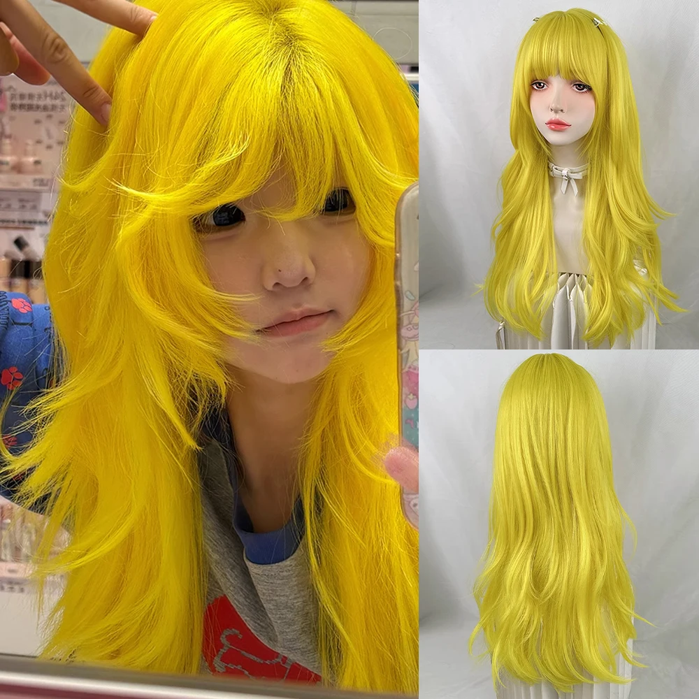Lemon Yellow Long Wavy Synthetic Wigs with Bangs Fluffy Women Lolita Cosplay Y2K Wig Heat Resistant for Daily Party