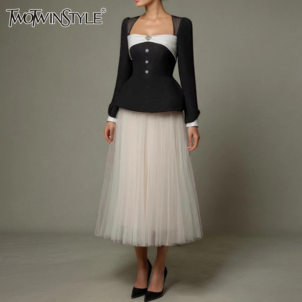 

TWOTWINSTYLE Slimming Two Piece Sets for Women Square Neck Long Sleeves Spliced Bead Top Patchwork Mesh Skirt Set Female Fashion