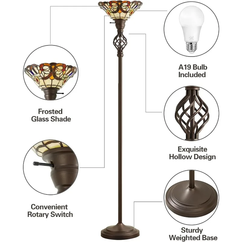 자이로뷰 티파니 플로어 램프, 스테인드 글라스가 있는 토치리에 플로어 램프, 거실용 71인치 높이 플로어 스탠딩 독서등 C