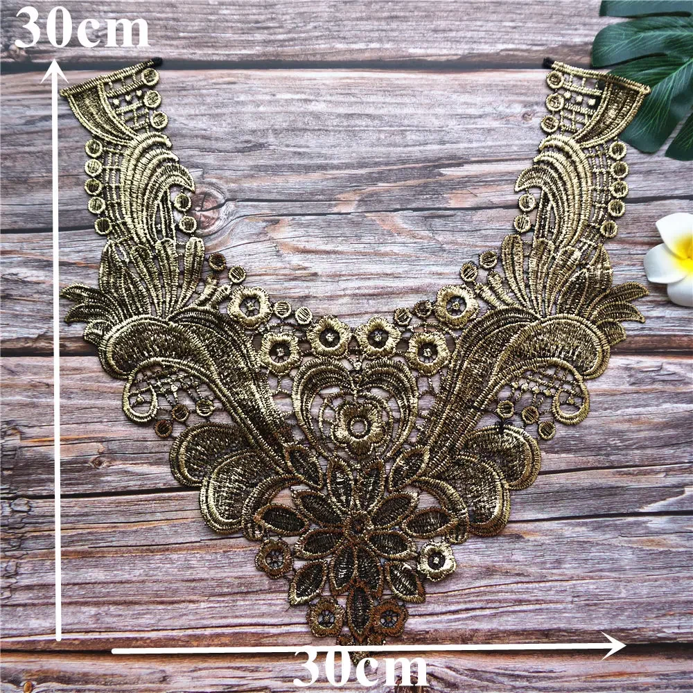 Bronze Flower Collar Embroidered Wedding Gown Appliques Lace Fabric Trims Sew On Patches For Dress DIY Decoration