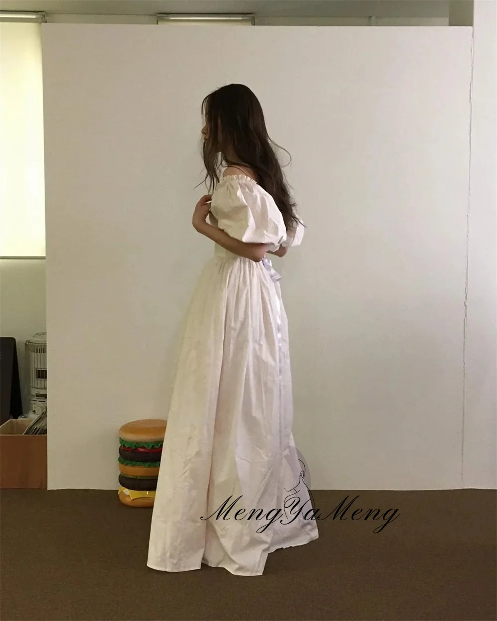 Simple O-Neck Taffeta Wedding Dress Korea Photo Shoot Puff Sleeves Corset Bridal Gown A line Floor Length 웨딩드레스 Customized