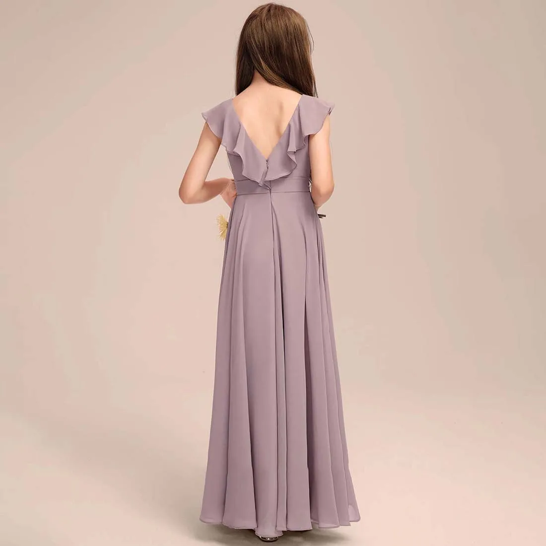 YZYmanualroom Chiffon Junior Bridesmaid Dress With Cascading Ruffles A-line V-Neck Floor-Length 2-15T