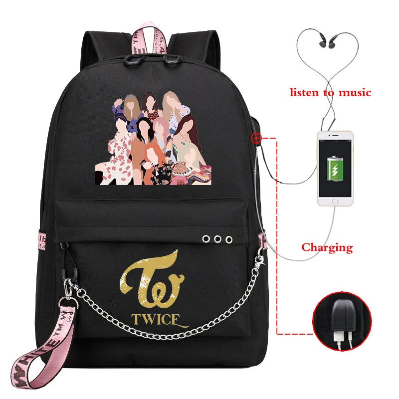 Fashion Kpop Twice MOMO School Bag Abstract Painting Backpacks For Girls Plecak MORE & MORE New Album USB School Bags