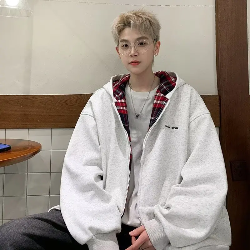 

2025 Autumn Winter New Men's Casual Loose Zip Up Hoodie Korean Fashion Harajuku Solid Hoodie Coat Sweatshirt Men Clothing