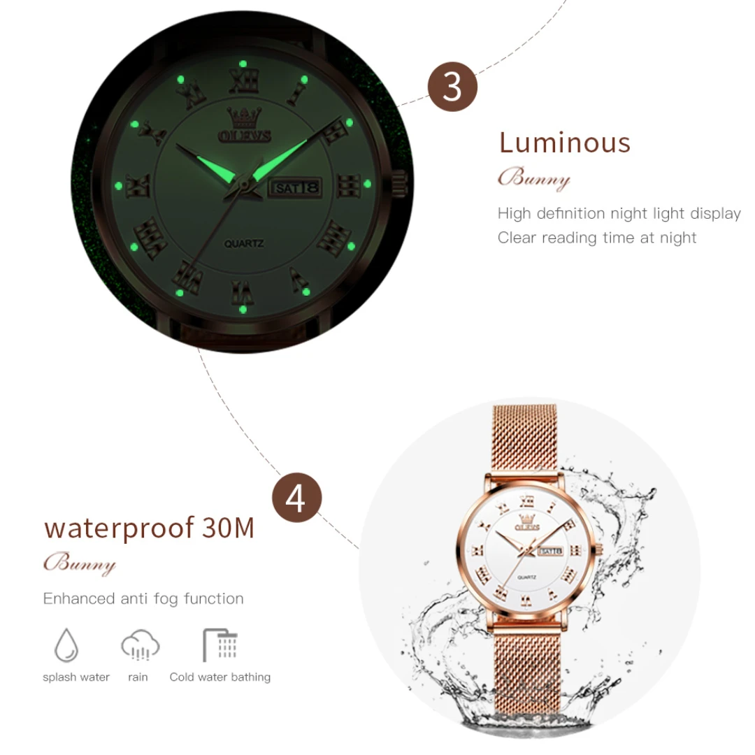 OLEVS 2920 Quartz Simple Watch Gift Stainless Steel Watchband Round-dial Wristwatch Week Display Calendar