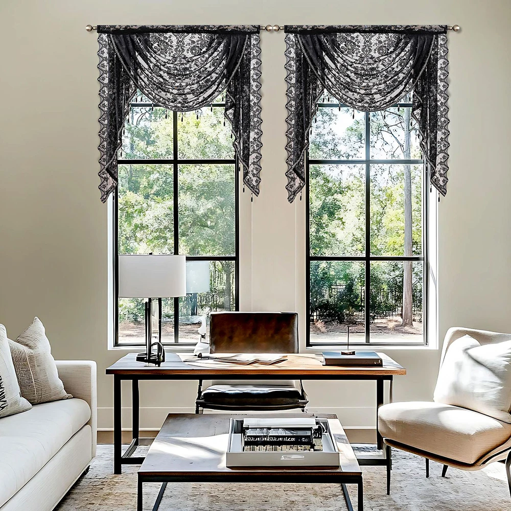 1 pc New Jacquard Valance with Rod Pocket, Lace Sheer Curtain, American Wave Valance New Arrival Jacquard Curtain Head, Rod Pock