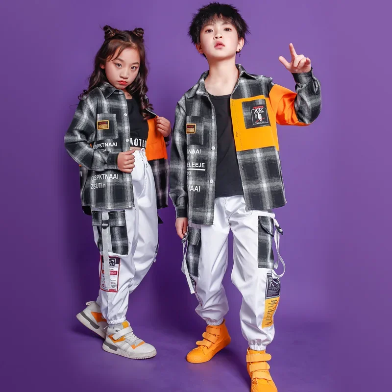 Boys Girls Children 2PCS Sets Long Sleeve Casual Plaid Shirt Cargo Pant Suits Streetwear Shirt Trousers Tracksuits for Kids