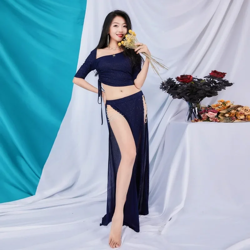 

Костюмы для танца живота по индивидуальному заказу, новый комплект, изысканные хрустальные бусины, профессиональное платье для выступлений, тренировочная одежда, топ и юбка