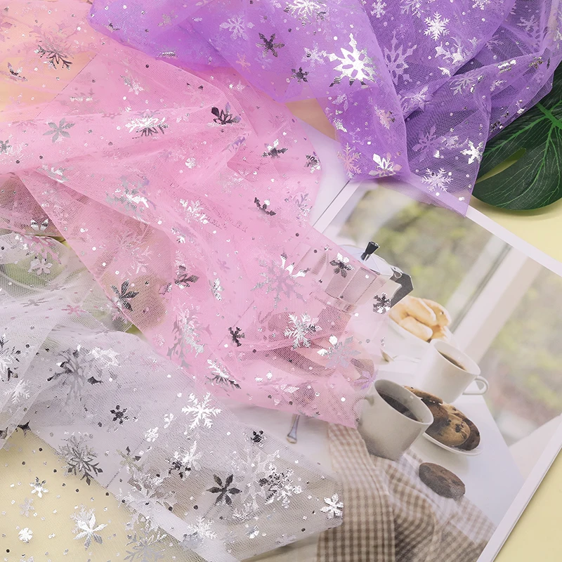 150*91cm Snowflake Tulle Silver Decal Organza Mesh Cloth DIY Handmade Fabric Baby Dress Wedding Birthday Bouquet Decor Supplies