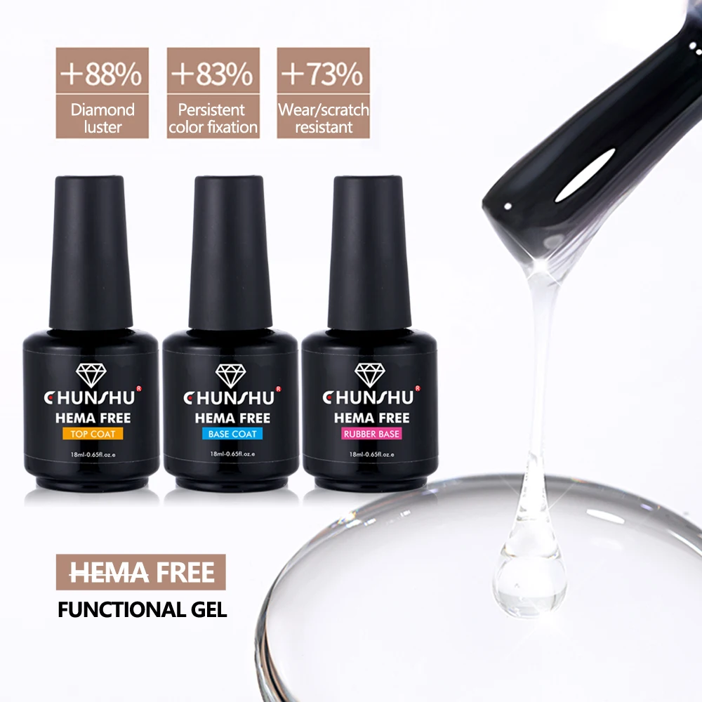 CHUNSHU 18ml Hema Free Rubber Base Gel Nail Polish Upgrade Soak Off UV LED No Wipe Top Coat Long Lasting Ultra Shiny Manicure 3S