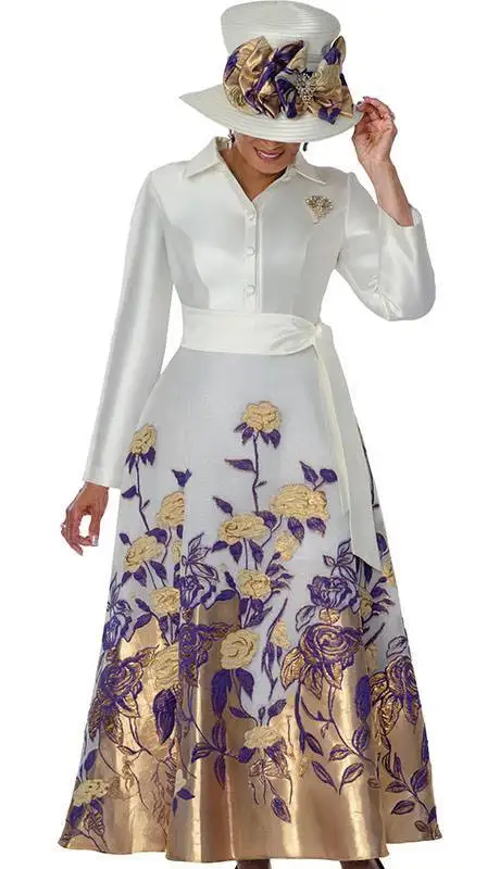 QMANSHA Couture Übergröße Weißes Blumen-Jacquard Maxikleid Hemdkragen Langarm Gegürtet Formelles Kleid Party Hochzeitsgast-Kleid – Detail 7