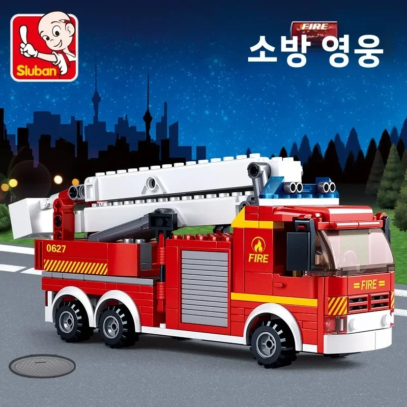 Small Lu Ban America Model Fire Tru Toy for Boys Creative Building Blos Fire Alarm High-Rise Rescue Vehicle Assembly Kit