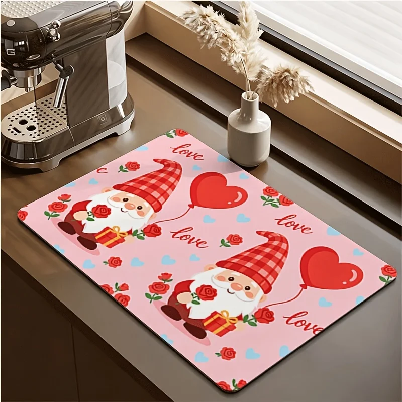 Drying Mat Valentine Gnome Rose Heart Love Letter Print Tableware Drain Pad for Coffee Bar Countertop
