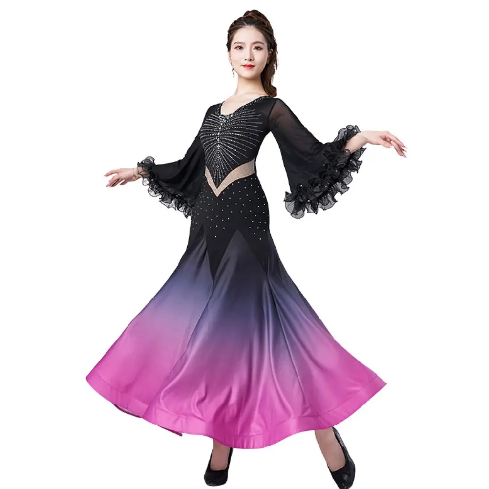 

Waltz Ballroom Competition Dress Standard Mordern Dance Performance Stage Costumes Women Evening Gown Gradient Rhinestones