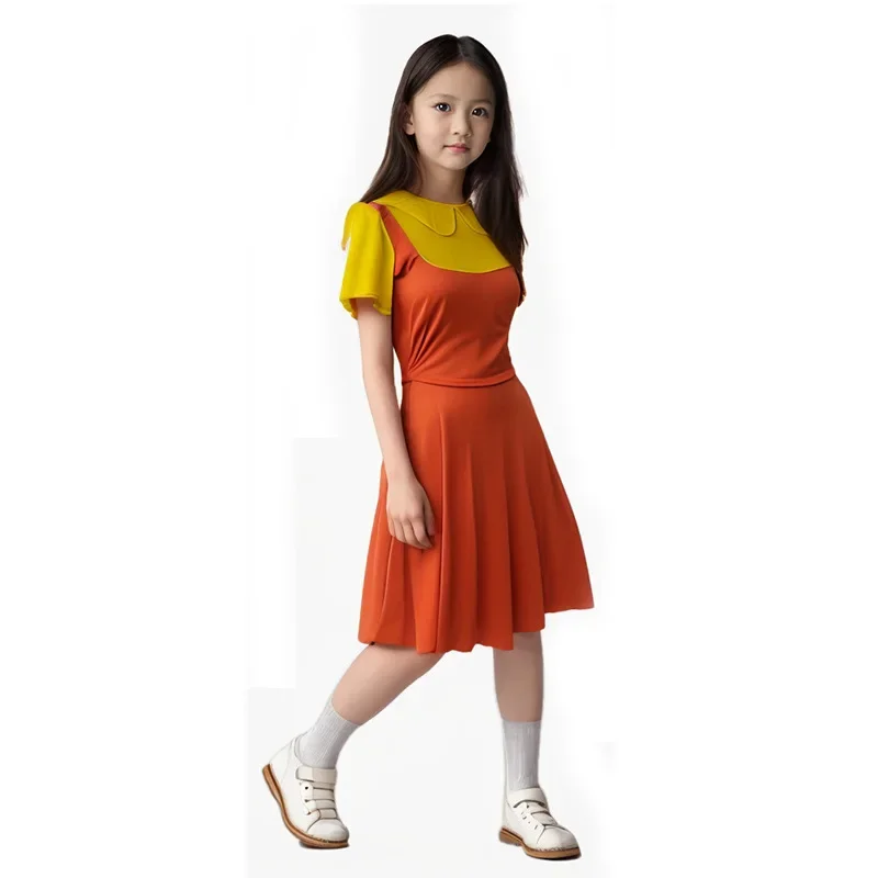 

Women Kids Korean Game Cosplay Costume Two Tone Crew Neck Mini Dress Short Sleeve Ruffle A Line Dresses Halloween Movie Outfit