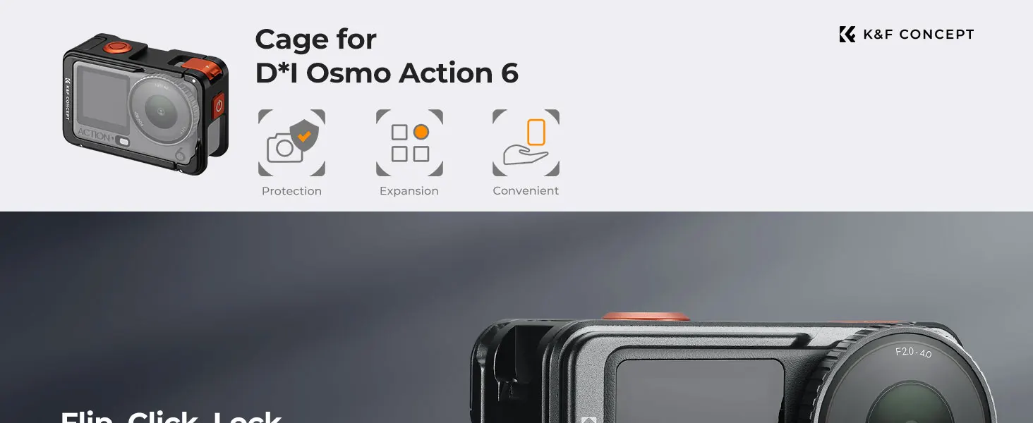 K&F CONCEPT Aluminium-Schutzmetallkäfig für DJI Osmo Action 6, werkzeuglose Schnellmontage, Cold Shoe, 1/4"-Gewinde, integrierte – Detail 1