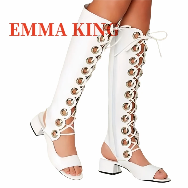 

Women's White Grommet Gladiator Sandals 5cm Chunky Heel Knee High Boot Open Toe Cross-tied Sandals Wedding Shoes for Women