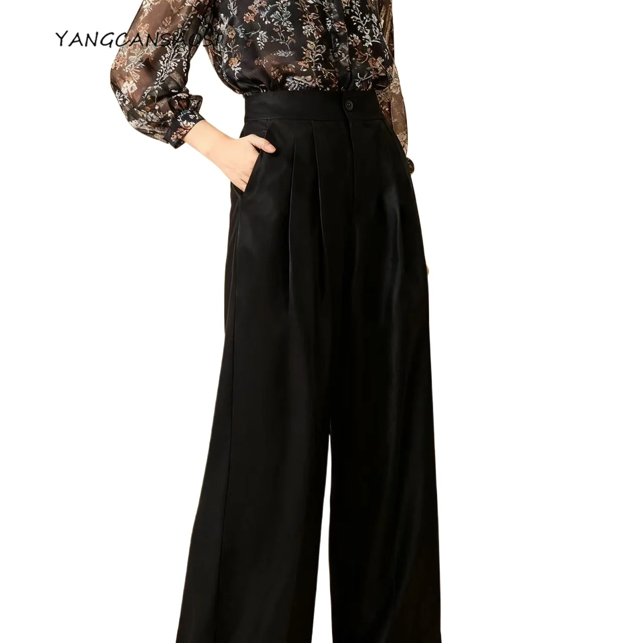 

Women's Fashion Autumn Clothing New Chinese 100% Natural Mulberry Silk Gambiered Guangdong Gauze Black Casual Straight-leg Pants