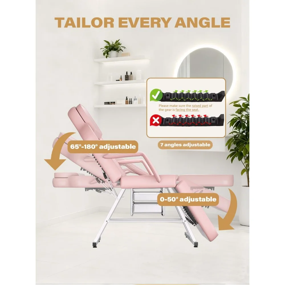 Cadeira de tatuagem facial ajustável para clientes, cama de esteticista com mesa de massagem, encosto de cabeça e 360 °   Banco giratório, serviço de cílios