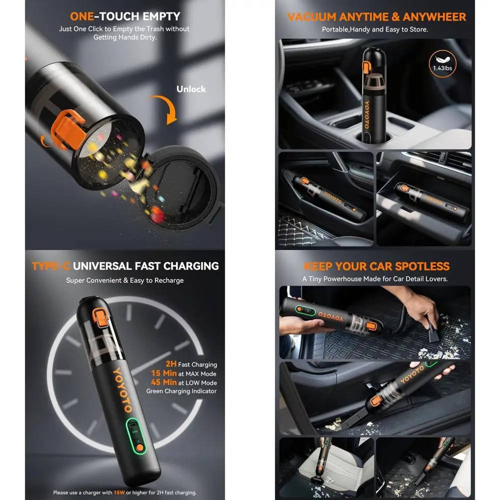 Cordless Handheld Vacuum, 21000Pa Suction, 3 Modes, 4-in-1 Portable Mini Cleaner for Car, Home, and Office (Black)