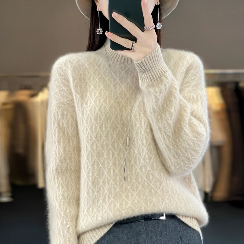 

Cashmere sweater Women's knitting sweater 100% pure merino wool 2023 winter fashion half high neck top autumn warm pullover