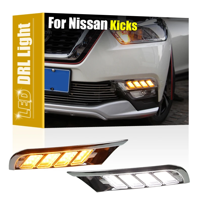 

2Pcs Front Bumper White LED DRL Daytime Running Light Assembly With Turn Signal Indicator For Nissan Kicks 2017 2018 2019