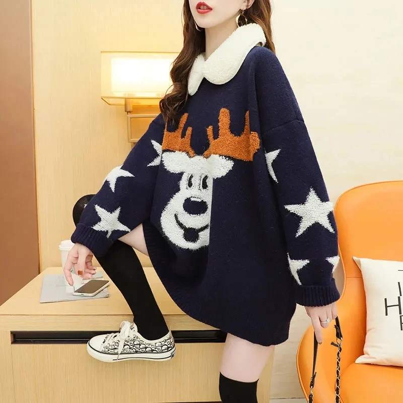 Sweater Lady Reindeer Christmas sweater 2023 Winter Woman pullover sweater Loose sweater Woman Winter