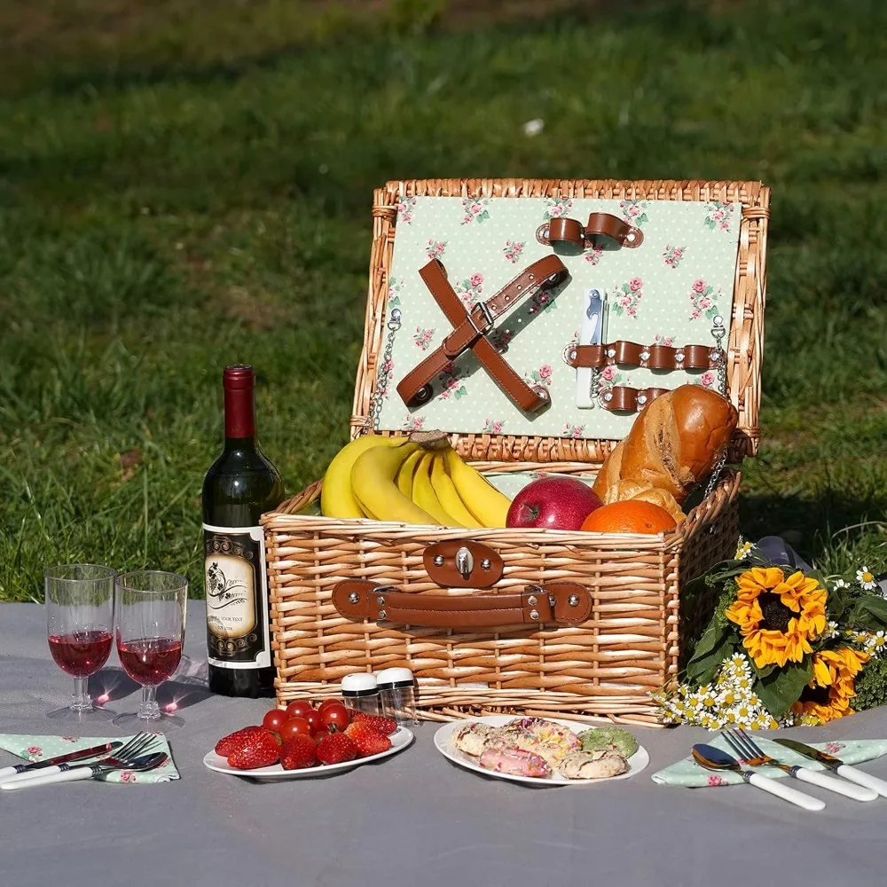 سلة نزهة من الخيزران مصنوعة يدويًا لشخصين مع أواني، مثالية للتخييم في الهواء الطلق وتواريخ رومانسي #6