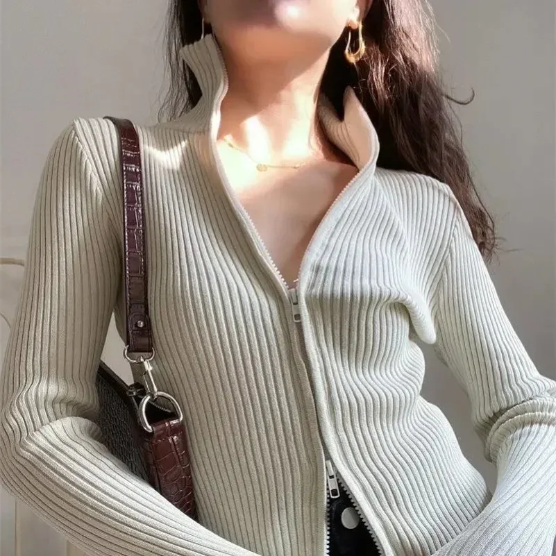 

PTKPCC Autumn Women's Clothing New Casual Cardigan Y2K Slim Knitted Sweater Zipper Lapel Top Vintage High Strecth Slim Pullovers