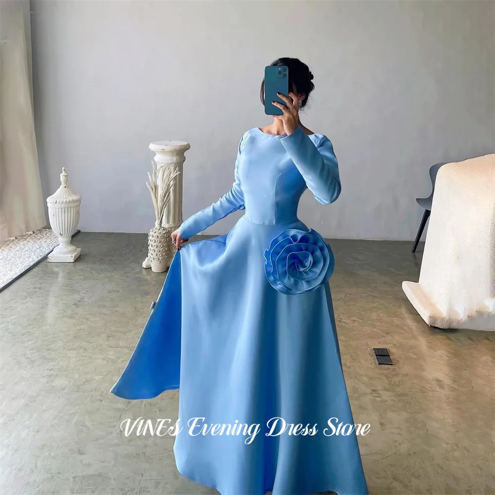 

VINES Sky Blue Elegant Prom Dress Flared A Line Celebrity Dresses O Neck Long Sleeve Women's Evening Dress for Women Customized