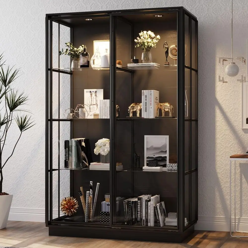 Illuminated Tall Display Cabinet, 74.8 Storage with Glass Shelves for Living Room, Showcase Collectibles