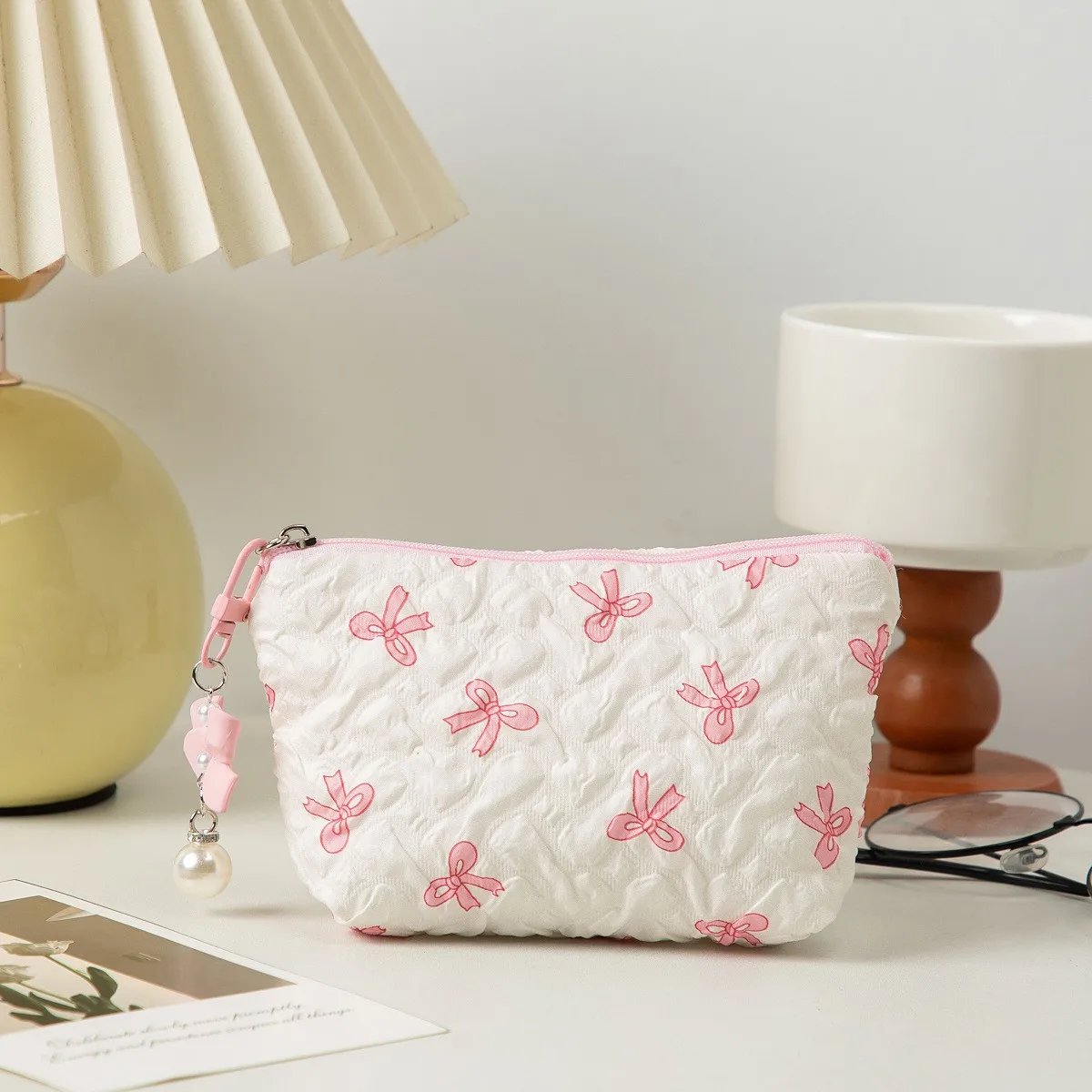 MINI Makeup Bag for Women Quilted Travel Cosmetic Bag Girls' Make Up Organizer Portable Little Bow Makeup Pouch