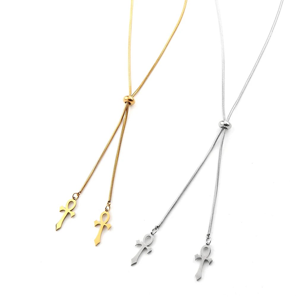 

Egypt Ankh Cross Pendant Necklace for Women Men Stainless Steel Gold Color Egyptian Key of Life Amulet Lariat Chain Jewelry Gift