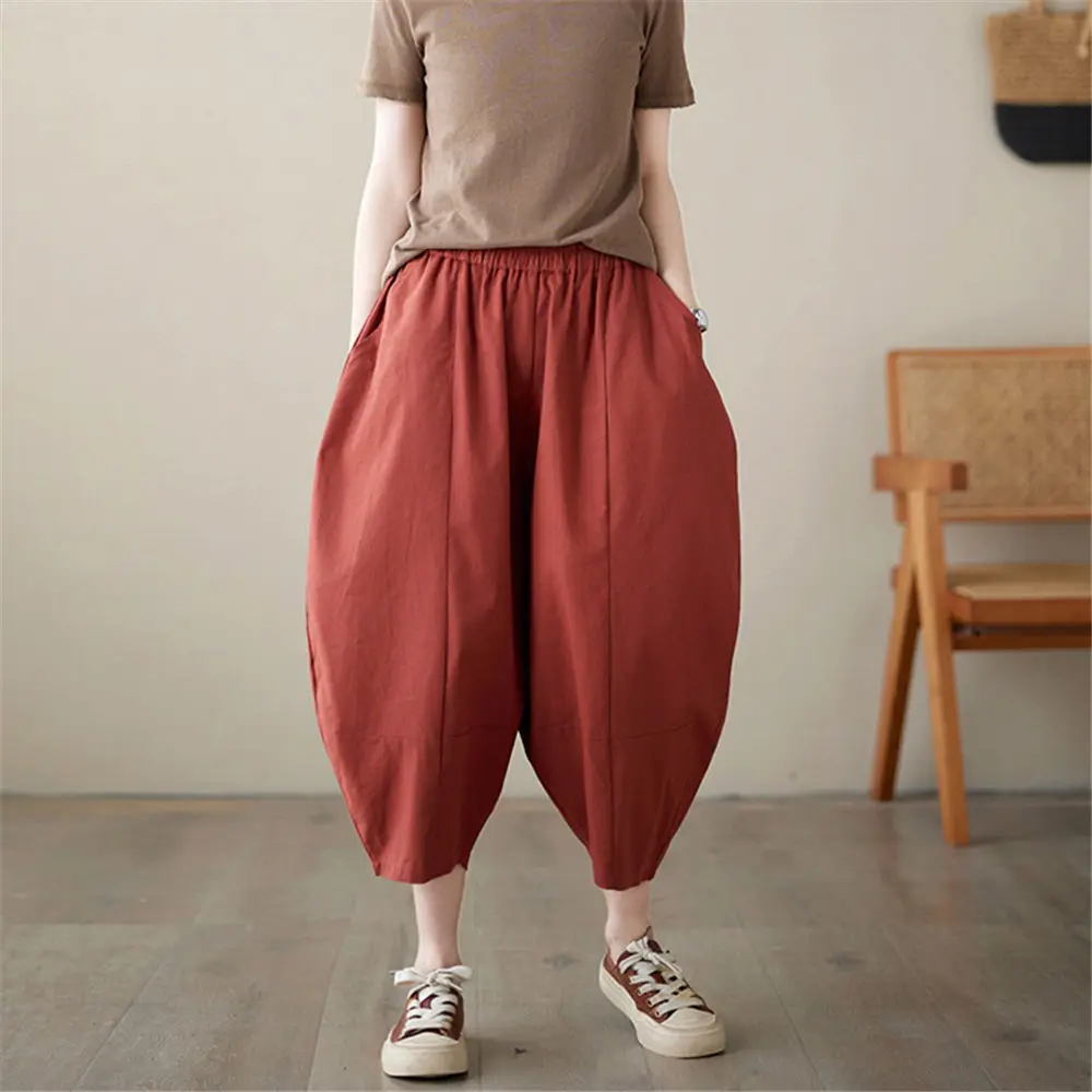 

Women Cotton Bloomers Elastic Waist Oversized Cropped Pants High Quality Cotton Slacks Hippie Pantalettes