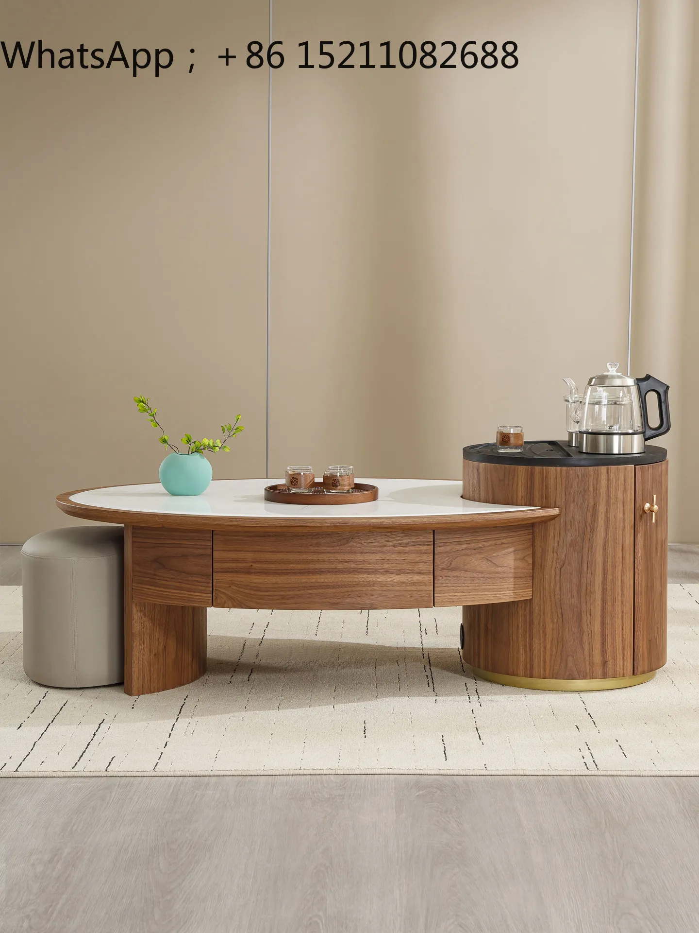 LLY marble living room household solid wood coffee table oval microcrystalline stone retro small apartment tea integrated