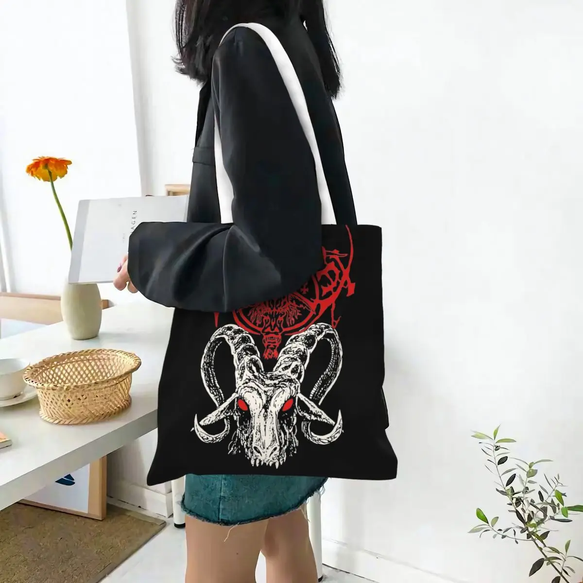 Archgoat Band Canvas Tote Bag Trendy Large Capacity Shopping Bag for Women Black Metal Daily Bags