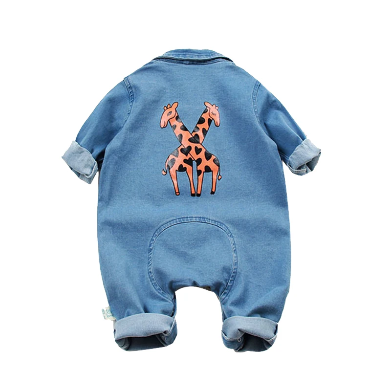 1 Pcs Baby Denim Clothes Long Sleeves Giraffe Print Jumpsuit