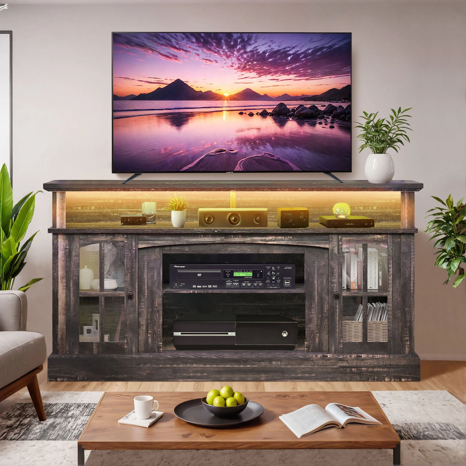 

LED TV Stand Cabinet for 45 to 65 in TVs With Power Outlets Open Shelves Sturdy