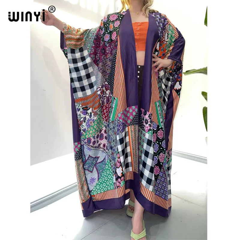 

Beach dress Summer Women Cardigan stitch cover ups for swimwear women Cocktail Boho Maxi Holiday Batwing Sleeve Silk Robe