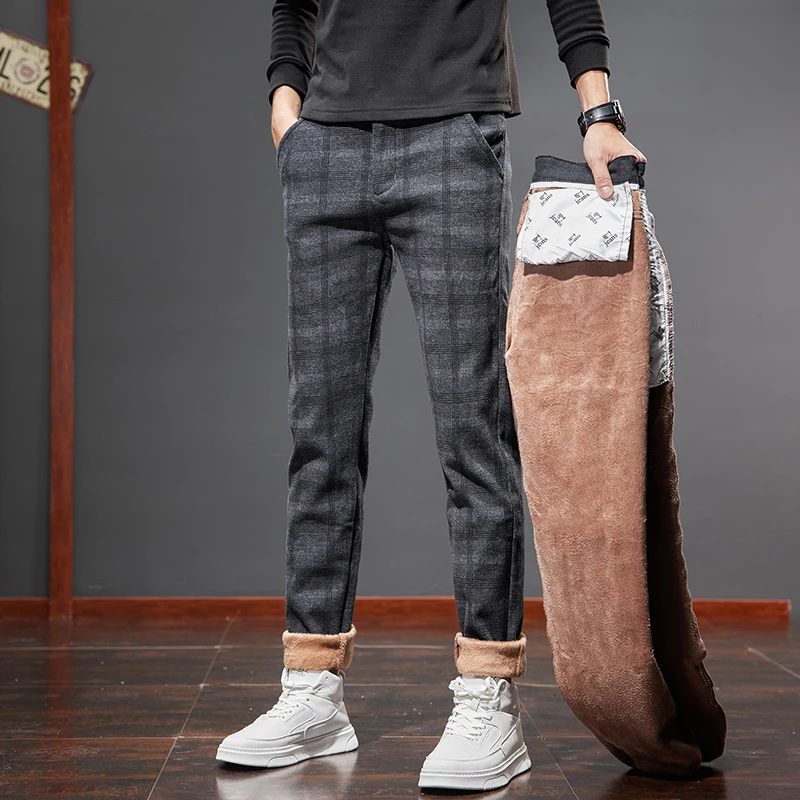 Pantaloni casual in pile da uomo stile classico Pantaloni casual slim dritti da lavoro scozzesi a righe moda Pantaloni da uomo di marca neri grigi