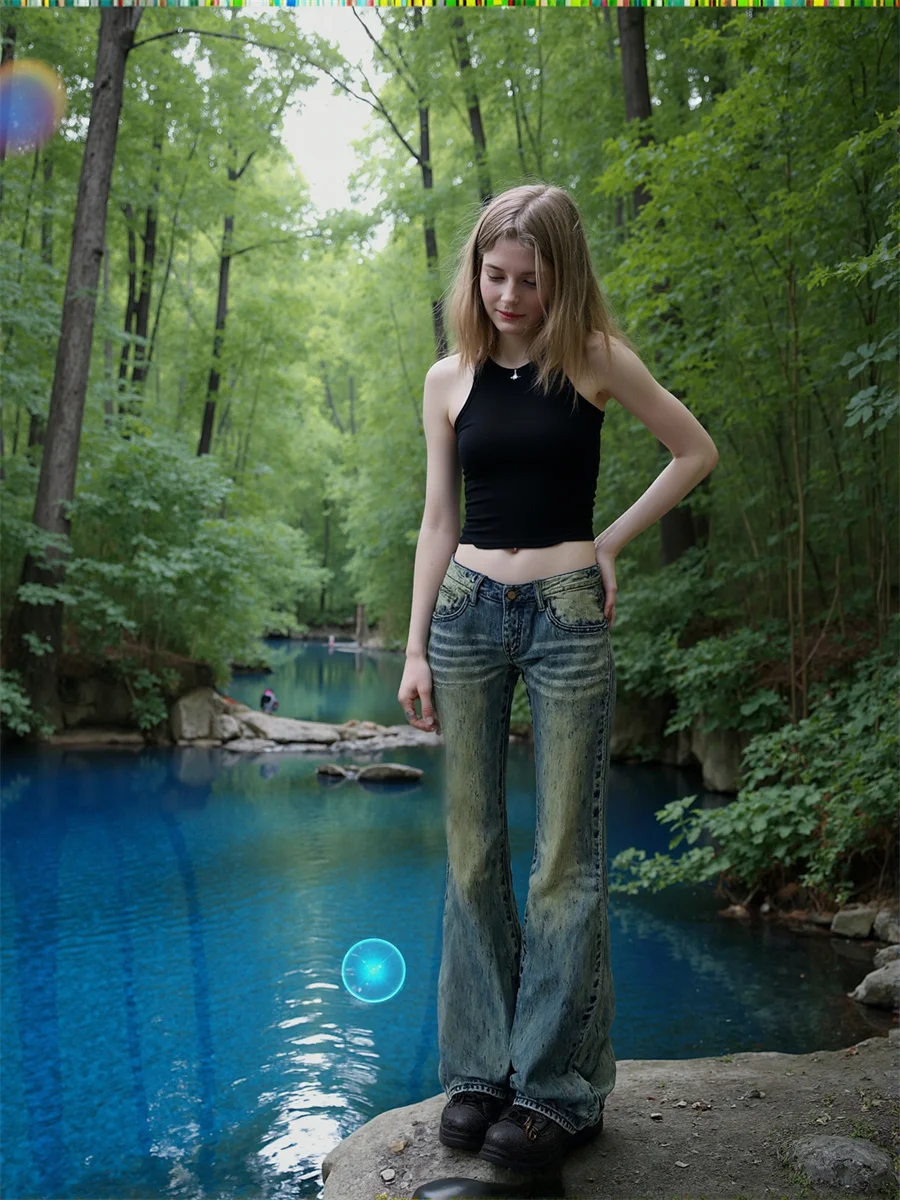 

Джинсы с низкой талией и расклешенными штанинами для девушек, 20 лет, новый стиль, джинсовые брюки, женская одежда, осенние, пэчворк, широкие, ретро, минималистичные, вечерние, городские