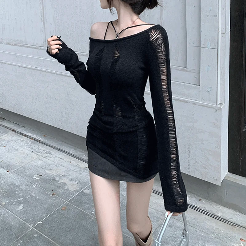 Women Dark Goth Split Hole Knit Sweaters Black Gothic Lady Hollow Out Cool Pullover Sweater Autumn Sexy See Through Pull Jumpers